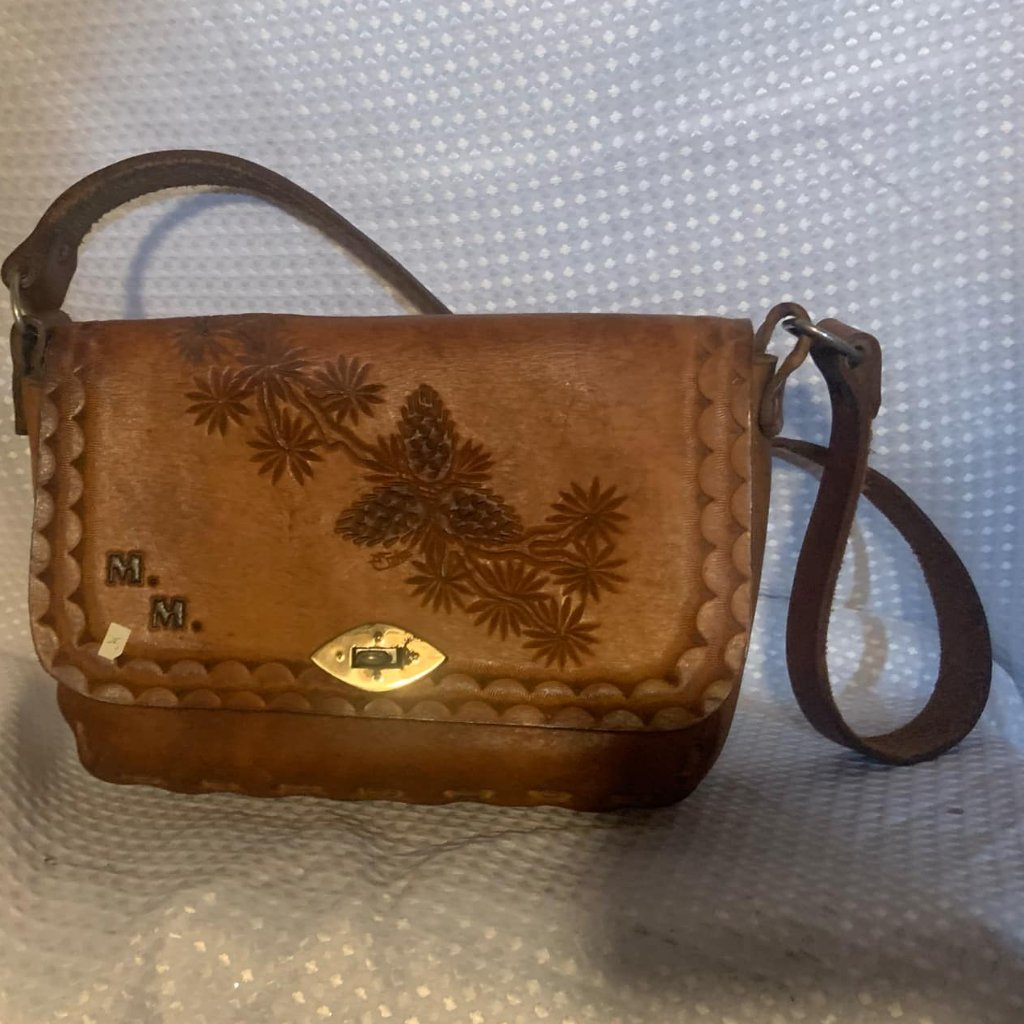 Vintage Hand Tooled Leather Shoulder Bag W/Leaves Pinecones Patterns M. M.